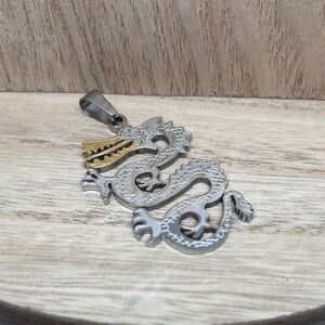 Dragon Pendant Necklace Stainless Steel with Gold Accent